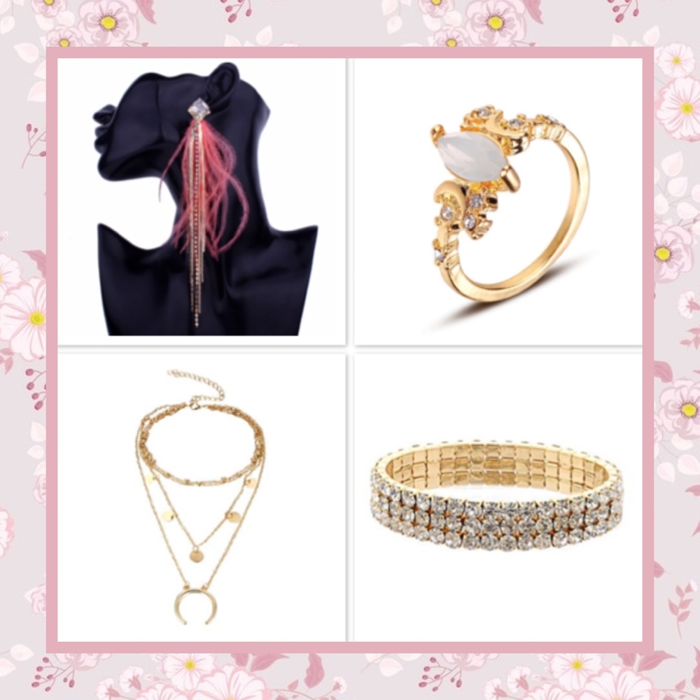 🌸 4PC SET EARRINGS NECKLACE BRACELET RING GOLD HORN MOON BUNDLE SET BOHEMIAN - Picture 1 of 7